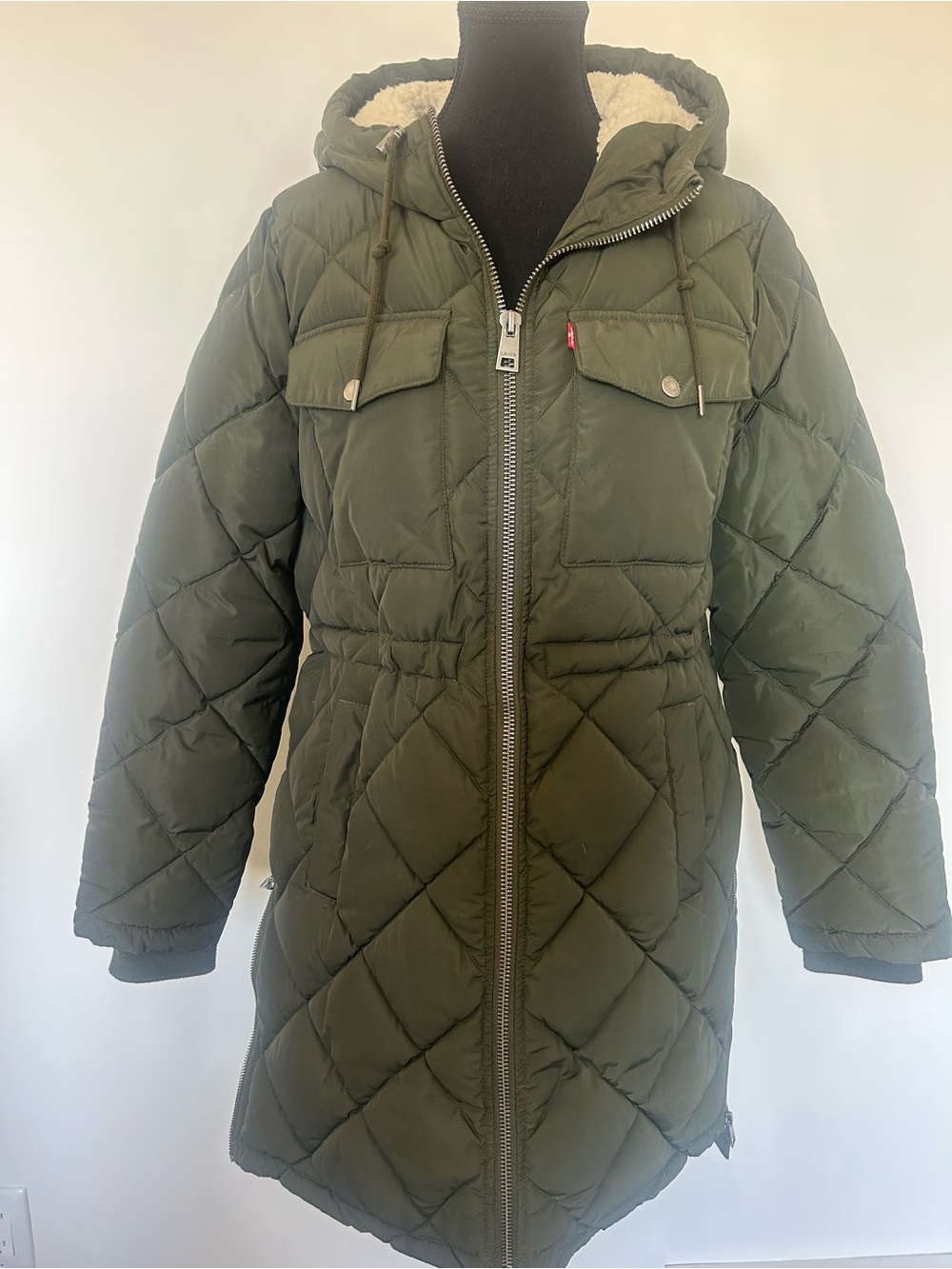 Levi's Olive Quilted Hooded Puffer Coat with Faux-Fur Trim